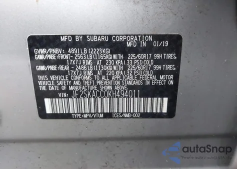 2019 Subaru Forester из США, поврежденный, VIN JF2SKACC0KH494011